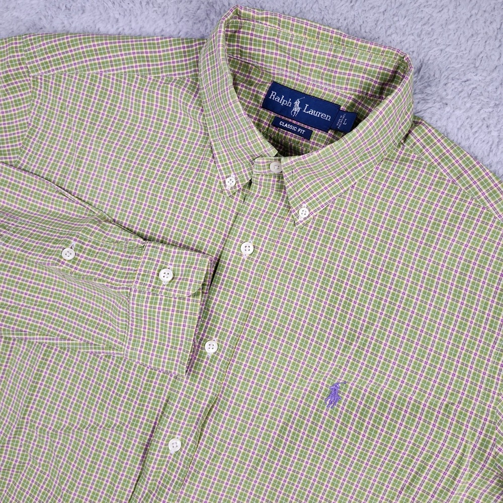 Ralph Lauren Button Down Shirt Mens Large Green Plaid Classic Fit Long Sleeve